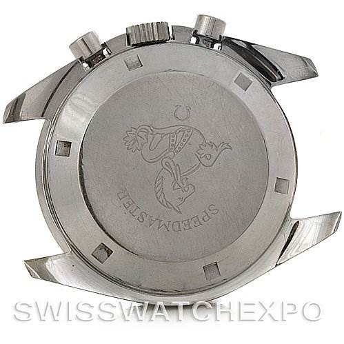 This is a rear view of the Omega Speedmaster Men
s Stainless Steel Black Dial Men
s Stainless Steel Black Dial watch case showing the engraved back and the crown/pushers.