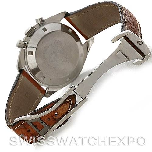 The image shows the back and clasp of an Omega Speedmaster Men
s Stainless Steel Black Dial Men
s Stainless Steel Black Dial watch with a brown leather strap.