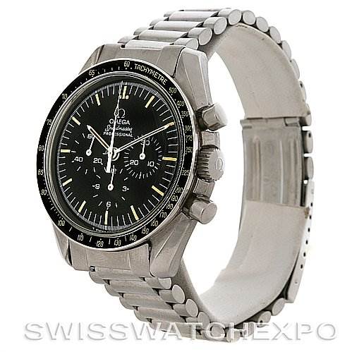 The Omega Speedmaster Men
s Stainless Steel Black Dial Men
s Stainless Steel Black Dial watch is shown at a three-quarter angle, revealing the face, bezel, lug, pushers, and bracelet.