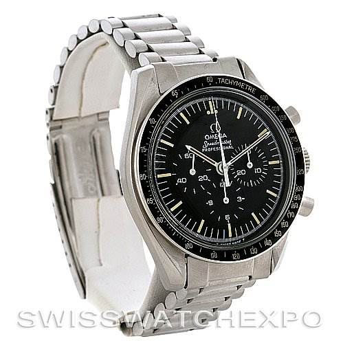 The image shows an Omega Speedmaster Men
s Stainless Steel Black Dial Men
s Stainless Steel Black Dial watch at a three-quarter angle, highlighting the dial, bezel, and bracelet.