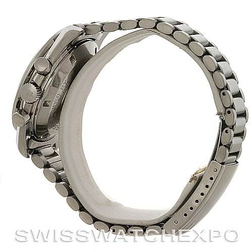 The image shows a side view of the Omega Speedmaster Men
s Stainless Steel Black Dial Men
s Stainless Steel Black Dial watch focusing on the bracelet, pushers, and crown.