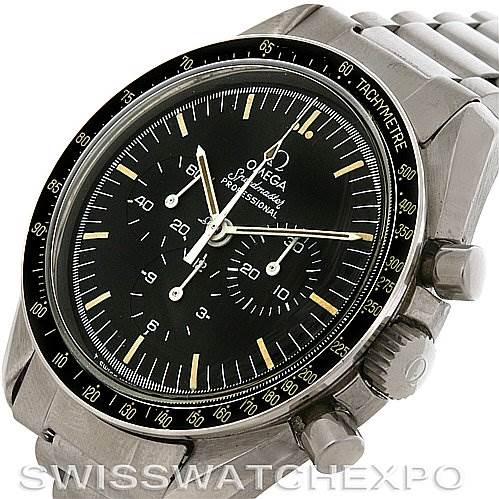 This image shows a close-up of an Omega Speedmaster Men
s Stainless Steel Black Dial Men
s Stainless Steel Black Dial watch from an angled view, highlighting the face, bezel, and part of the bracelet.