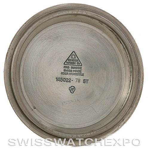 This image shows the inside of the case back for an Omega Speedmaster Men
s Stainless Steel Black Dial Men
s Stainless Steel Black Dial watch, displaying model details and branding.