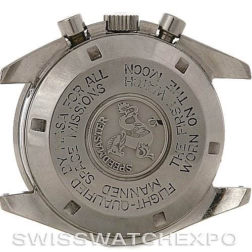 The image shows the back case of an Omega Speedmaster Men
s Stainless Steel Black Dial Men
s Stainless Steel Black Dial watch, displaying engravings and emblem.