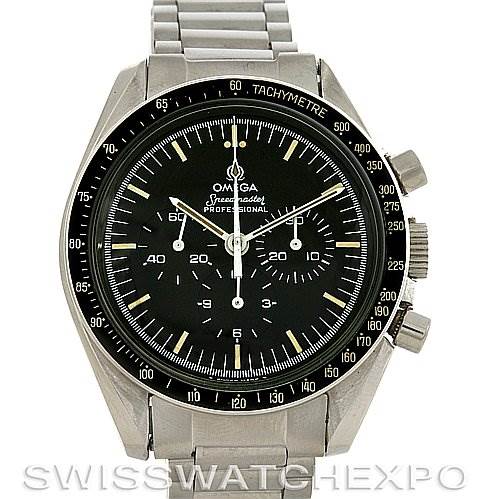This is a front view of the Omega Speedmaster Men
s Stainless Steel Black Dial Men
s Stainless Steel Black Dial watch, showing the face, bezel, tachymeter scale, and part of the metal bracelet.