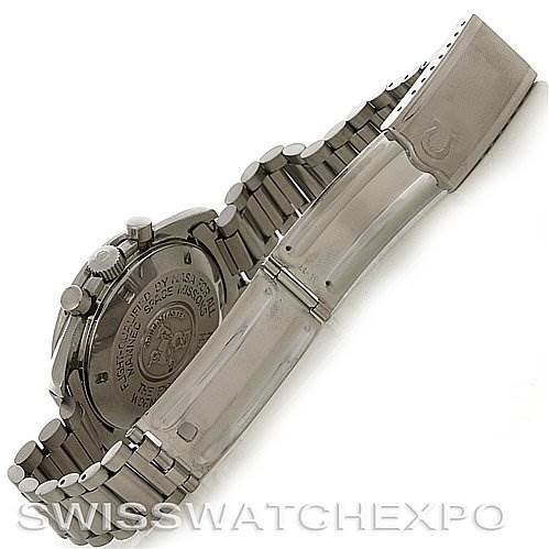 The image shows the back case and metal bracelet of an Omega Speedmaster Men
s Stainless Steel Black Dial Men
s Stainless Steel Black Dial watch at a slight angle.