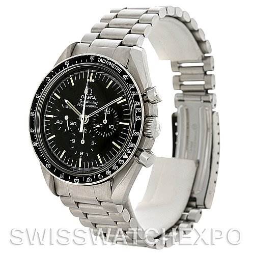 This image shows an angled view of the Omega Speedmaster 145022 Men
s Stainless Steel Black Dial 145022 Men
s Stainless Steel Black Dial watch displaying its face, bezel, and metal bracelet.