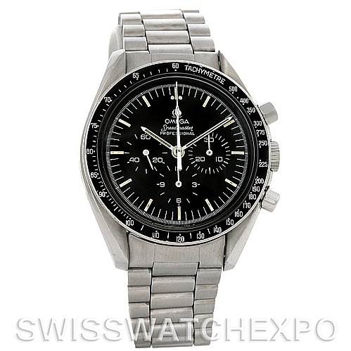 The Omega Speedmaster 145022 Men
s Stainless Steel Black Dial 145022 Men
s Stainless Steel Black Dial watch is shown from the front, displaying its black dial, tachymetre bezel, and stainless steel bracelet.