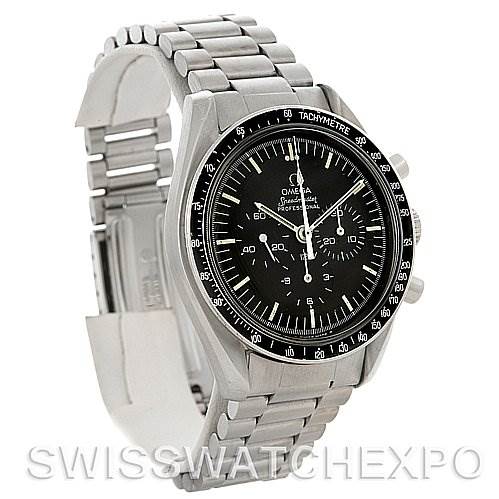 The image shows an angled view of an Omega Speedmaster 145022 Men
s Stainless Steel Black Dial 145022 Men
s Stainless Steel Black Dial watch, highlighting the face, bezel, and metal bracelet.