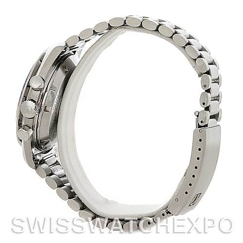 This image shows a side view of an Omega Speedmaster 145022 Men
s Stainless Steel Black Dial 145022 Men
s Stainless Steel Black Dial watch, highlighting its stainless steel case and bracelet with the clasp.