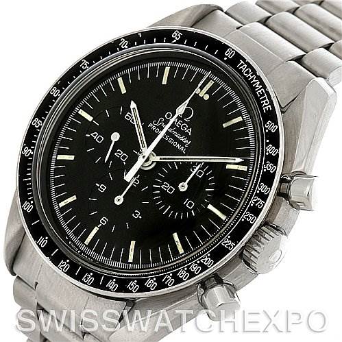 This image shows a close-up of the face and side buttons of an Omega Speedmaster 145022 Men
s Stainless Steel Black Dial 145022 Men
s Stainless Steel Black Dial watch at an angled view.