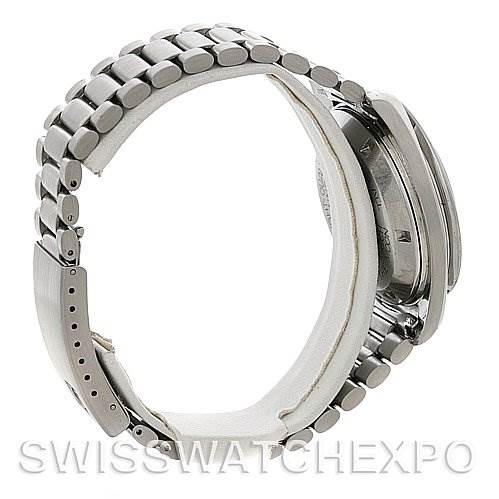 The Omega Speedmaster 145022 Men
s Stainless Steel Black Dial 145022 Men
s Stainless Steel Black Dial watch is shown from a side angle, highlighting its stainless steel bracelet and clasp.