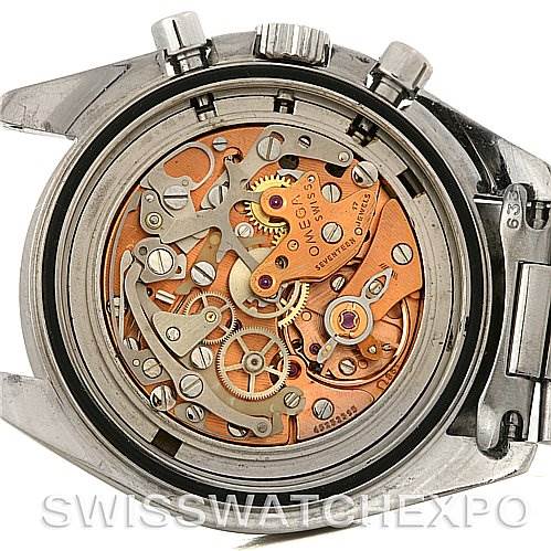 The image shows the intricate inner mechanics of an Omega Speedmaster 145022 Men
s Stainless Steel Black Dial 145022 Men
s Stainless Steel Black Dial watch, viewed from the back with the case removed.