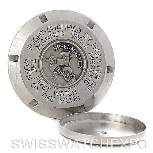 Two Speedmaster Omega watch case backs are shown; one is standing, and the other is lying flat.