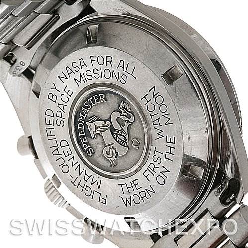 The image shows the back case of an Omega Speedmaster 145022 Men
s Stainless Steel Black Dial 145022 Men
s Stainless Steel Black Dial watch, highlighting its engravings and metal bracelet.