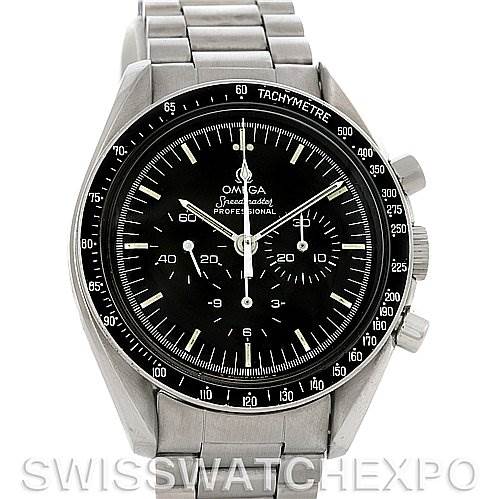 This image shows a front view of an Omega Speedmaster 145022 Men
s Stainless Steel Black Dial 145022 Men
s Stainless Steel Black Dial watch, featuring its dial, tachymeter bezel, and stainless steel bracelet.