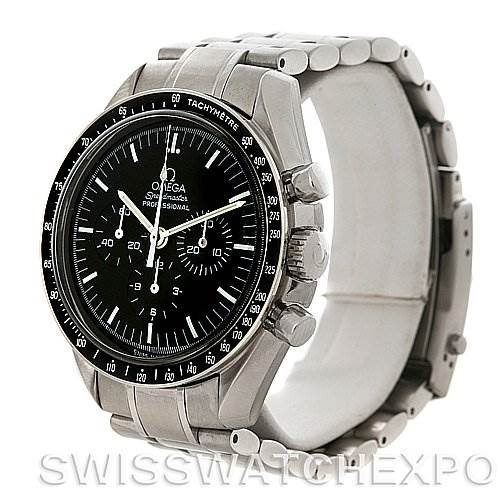This image shows a side and front view of the Omega Speedmaster 3570.50 Men
s Stainless Steel Black Dial 3570.50 Men
s Stainless Steel Black Dial watch, highlighting its face, bezel, and bracelet.
