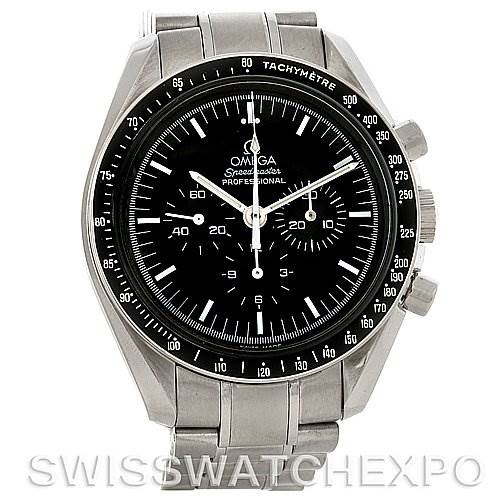 The image shows a front angle of an Omega Speedmaster 3570.50 Men
s Stainless Steel Black Dial 3570.50 Men
s Stainless Steel Black Dial watch, highlighting its black dial, tachymeter bezel, and stainless steel band.