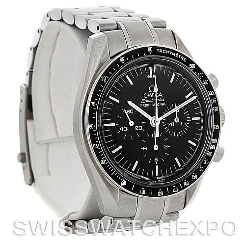The image shows an Omega Speedmaster 3570.50 Men
s Stainless Steel Black Dial 3570.50 Men
s Stainless Steel Black Dial watch, angled to display the front face and part of the stainless steel bracelet.