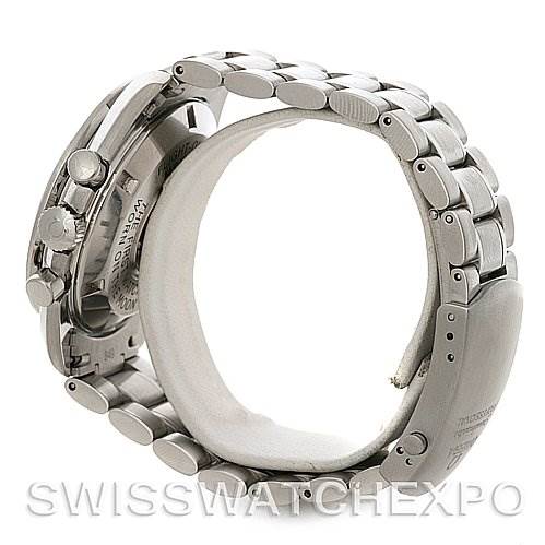 The image shows a side view of the Omega Speedmaster 3570.50 Men
s Stainless Steel Black Dial 3570.50 Men
s Stainless Steel Black Dial watch, highlighting the metal bracelet, clasp, and parts of the case and pushers.