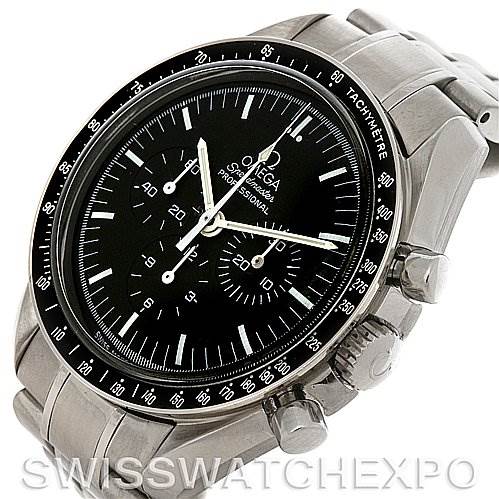 The image shows the front angle of the Omega Speedmaster 3570.50 Men
s Stainless Steel Black Dial 3570.50 Men
s Stainless Steel Black Dial watch, highlighting its dial, bezel, chronograph buttons, and bracelet.
