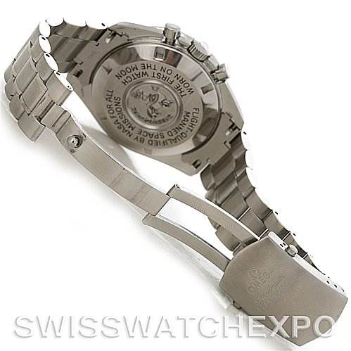 This image shows the back and bracelet of an Omega Speedmaster 3570.50 Men
s Stainless Steel Black Dial 3570.50 Men
s Stainless Steel Black Dial watch, highlighting the engraved case back and deployment clasp.