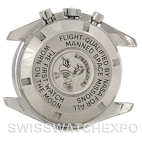 The image shows the case back of an Omega Speedmaster 3570.50 Men
s Stainless Steel Black Dial 3570.50 Men
s Stainless Steel Black Dial watch, highlighting its engravings and pushers.