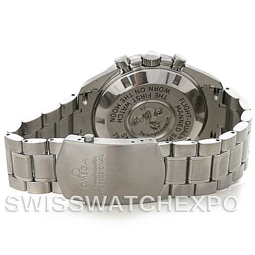 The image shows the back view of an Omega Speedmaster 3570.50 Men
s Stainless Steel Black Dial 3570.50 Men
s Stainless Steel Black Dial watch, highlighting its stainless steel bracelet and case back.