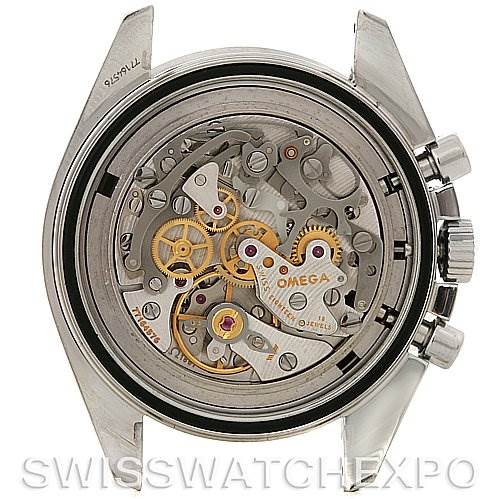 The image shows the Omega Speedmaster 3570.50 Men
s Stainless Steel Black Dial 3570.50 Men
s Stainless Steel Black Dial watch from the back, revealing its intricate mechanical movement and internal components.