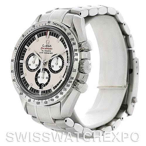 The image shows an angled side view of the Omega Speedmaster 3506.31 Men
s Stainless Steel Silver Dial 3506.31 Men
s Stainless Steel Silver Dial watch, highlighting its face, bezel, pushers, and bracelet.