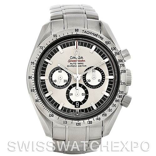 The image shows a front view of an Omega Speedmaster 3506.31 Men
s Stainless Steel Silver Dial 3506.31 Men
s Stainless Steel Silver Dial watch, highlighting the face, bezel, chronograph subdials, and stainless steel bracelet.