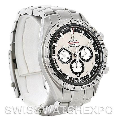 The image shows a side-angle view of an Omega Speedmaster 3506.31 Men
s Stainless Steel Silver Dial 3506.31 Men
s Stainless Steel Silver Dial watch with a tachymetre bezel and a stainless steel bracelet.