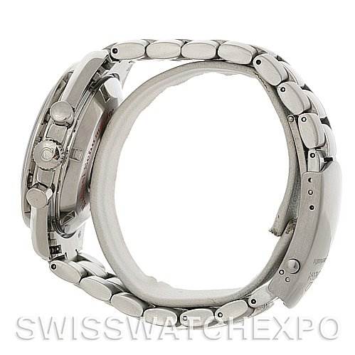 The image shows a side view of the Omega Speedmaster 3506.31 Men
s Stainless Steel Silver Dial 3506.31 Men
s Stainless Steel Silver Dial watch, highlighting its bracelet, side buttons, and case.