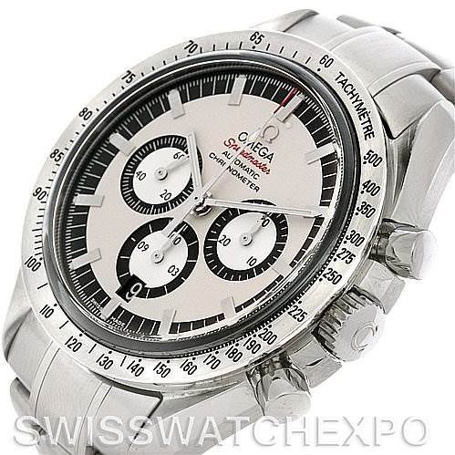 This image shows an angled view of the Omega Speedmaster 3506.31 Men
s Stainless Steel Silver Dial 3506.31 Men
s Stainless Steel Silver Dial, highlighting the watch face, bezel, chronograph sub-dials, and crown.