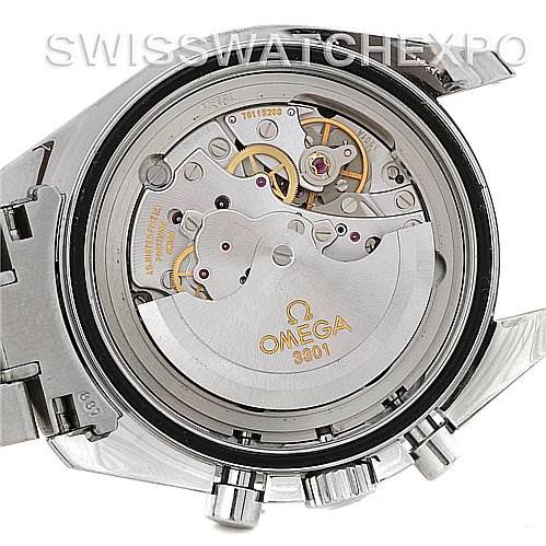 This image shows the back view of an Omega Speedmaster 3506.31 Men
s Stainless Steel Silver Dial 3506.31 Men
s Stainless Steel Silver Dial watch, highlighting the exposed movement mechanism.