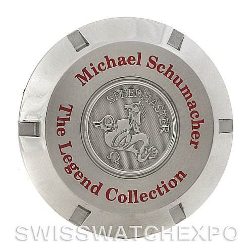 This is the case back of the Omega Speedmaster 3506.31 Men
s Stainless Steel Silver Dial 3506.31 Men
s Stainless Steel Silver Dial "The Legend Collection" featuring Michael Schumacher
s name.