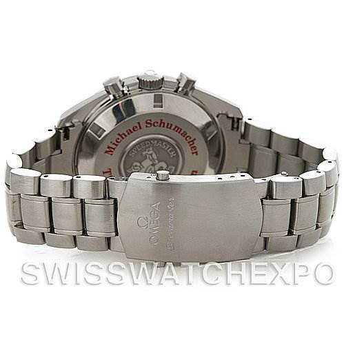 The image shows the back case and bracelet of an Omega Speedmaster 3506.31 Men
s Stainless Steel Silver Dial 3506.31 Men
s Stainless Steel Silver Dial watch, including the clasp and case back inscription.