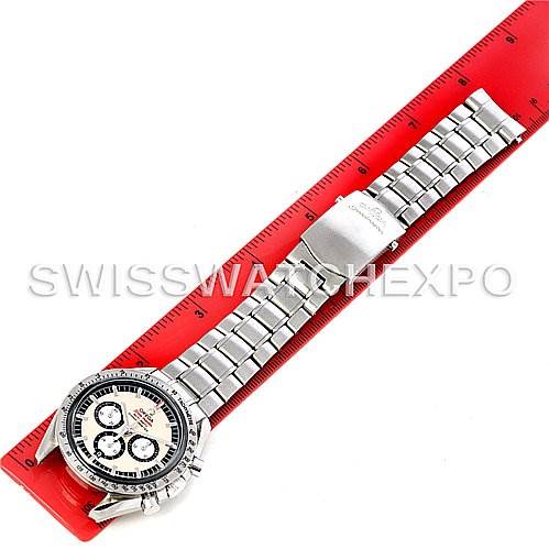 The image shows an Omega Speedmaster 3506.31 Men
s Stainless Steel Silver Dial 3506.31 Men
s Stainless Steel Silver Dial watch from a top view, displaying its face, bezel, and metal bracelet with a clasp.