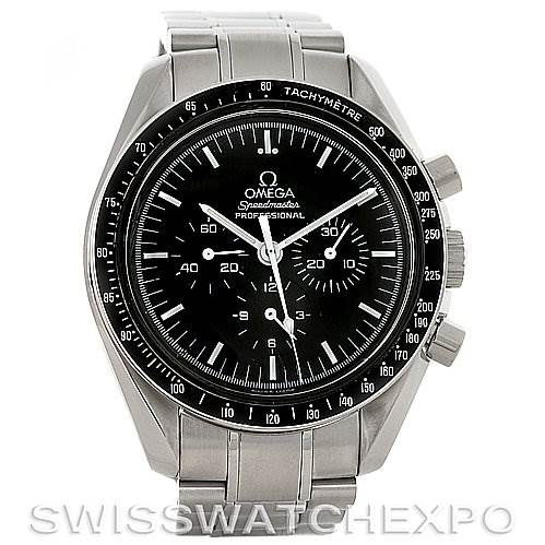 The image shows a front view of an Omega Speedmaster 3572.50.00 Men
s Stainless Steel Black Dial 3572.50.00 Men
s Stainless Steel Black Dial watch, displaying its black dial, tachymeter bezel, chronograph subdials, and stainless steel bracelet.