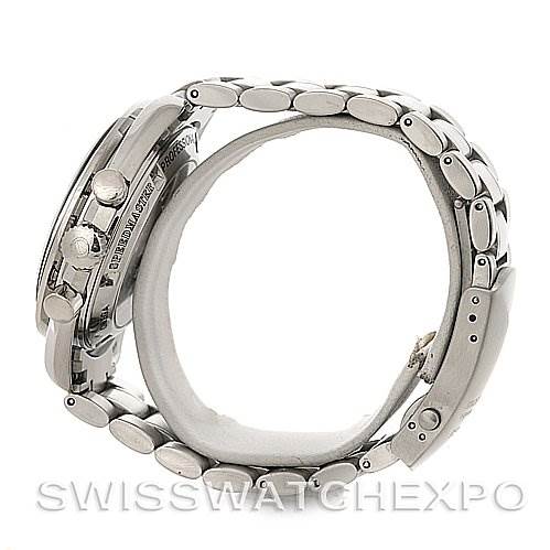 This image shows a side view of the Omega Speedmaster 3572.50.00 Men
s Stainless Steel Black Dial 3572.50.00 Men
s Stainless Steel Black Dial watch, including its case, bracelet, and crown.