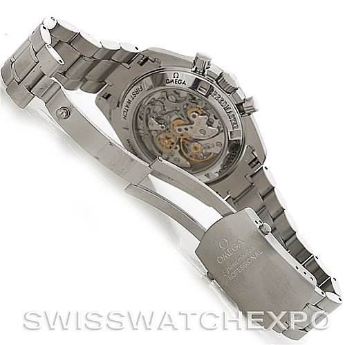 The image shows the back view of an Omega Speedmaster 3572.50.00 Men
s Stainless Steel Black Dial 3572.50.00 Men
s Stainless Steel Black Dial watch, highlighting its open case back and stainless steel bracelet.