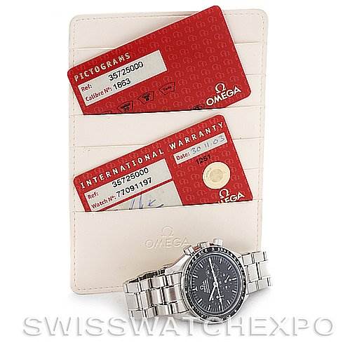 The image shows the Omega Speedmaster 3572.50.00 Men
s Stainless Steel Black Dial 3572.50.00 Men
s Stainless Steel Black Dial watch positioned at an angle revealing the dial and bracelet, alongside its warranty and pictogram cards.