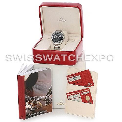 The image shows an Omega Speedmaster 3572.50.00 Men
s Stainless Steel Black Dial 3572.50.00 Men
s Stainless Steel Black Dial watch with its red box, warranty cards, and operating instructions, all viewed from the front.