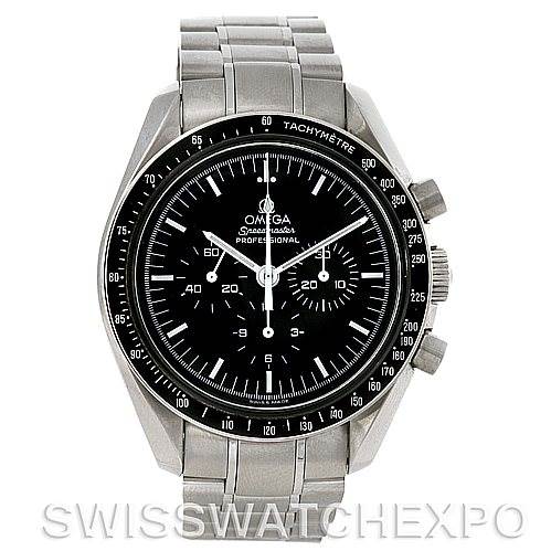 This is a front view of the Omega Speedmaster 3570.50.00 Men
s Stainless Steel Black Dial 3570.50.00 Men
s Stainless Steel Black Dial, showing the black dial, tachymeter bezel, chronograph subdials, and stainless steel bracelet.