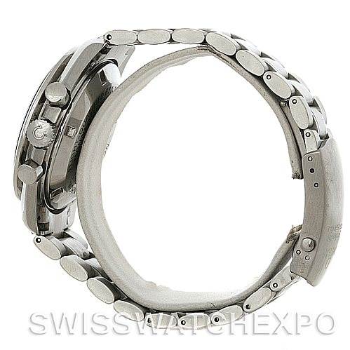 The image shows a side profile of an Omega Speedmaster 3570.50.00 Men
s Stainless Steel Black Dial 3570.50.00 Men
s Stainless Steel Black Dial watch, highlighting its bracelet and the side of the case with pushers and crown.