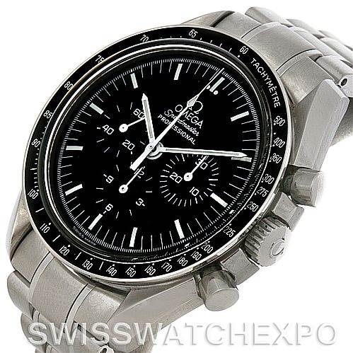 The image shows an Omega Speedmaster 3570.50.00 Men
s Stainless Steel Black Dial 3570.50.00 Men
s Stainless Steel Black Dial watch at an oblique angle, displaying its black dial, tachymeter bezel, chronograph sub-dials, and stainless steel bracelet.