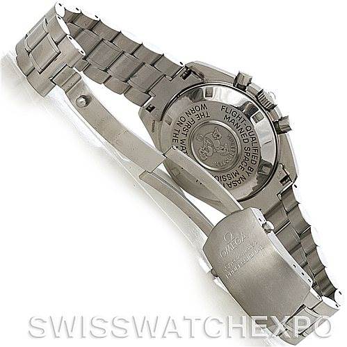 The image shows the back and clasp of an Omega Speedmaster 3570.50.00 Men
s Stainless Steel Black Dial 3570.50.00 Men
s Stainless Steel Black Dial watch, highlighting the engravings and metal bracelet.