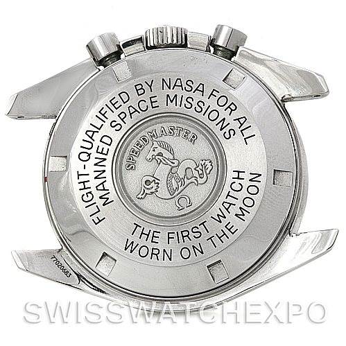 The image shows the back view of an Omega Speedmaster 3570.50.00 Men
s Stainless Steel Black Dial 3570.50.00 Men
s Stainless Steel Black Dial watch, highlighting its engravings and case back design.