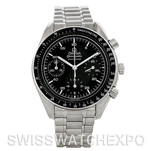 The image shows a front-facing view of an Omega Speedmaster 3510.50 Men's Stainless Steel Black Dial 3510.50 Men's Stainless Steel Black Dial watch, highlighting its dial, bezel, and bracelet.