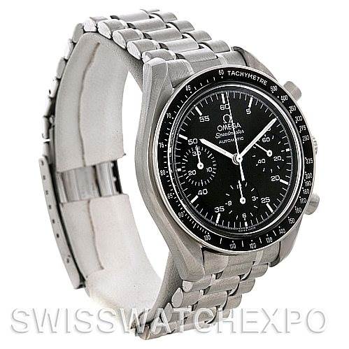 This image shows the front and side angle of the Omega Speedmaster 3510.50 Men's Stainless Steel Black Dial 3510.50 Men's Stainless Steel Black Dial watch, highlighting its bezel, dial, and stainless steel bracelet.